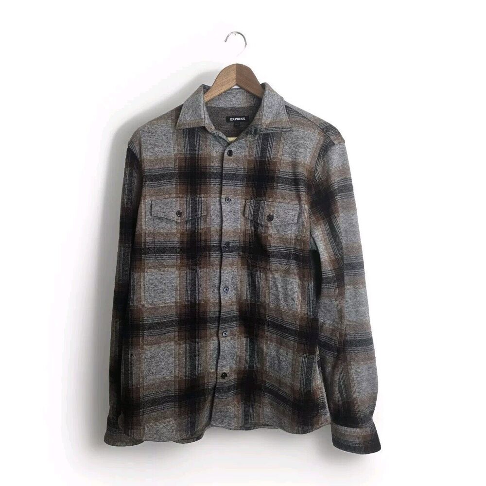 Express Shacket Men Small Shirt Jacket Button Up Plaid Gray Brown Lumberjack